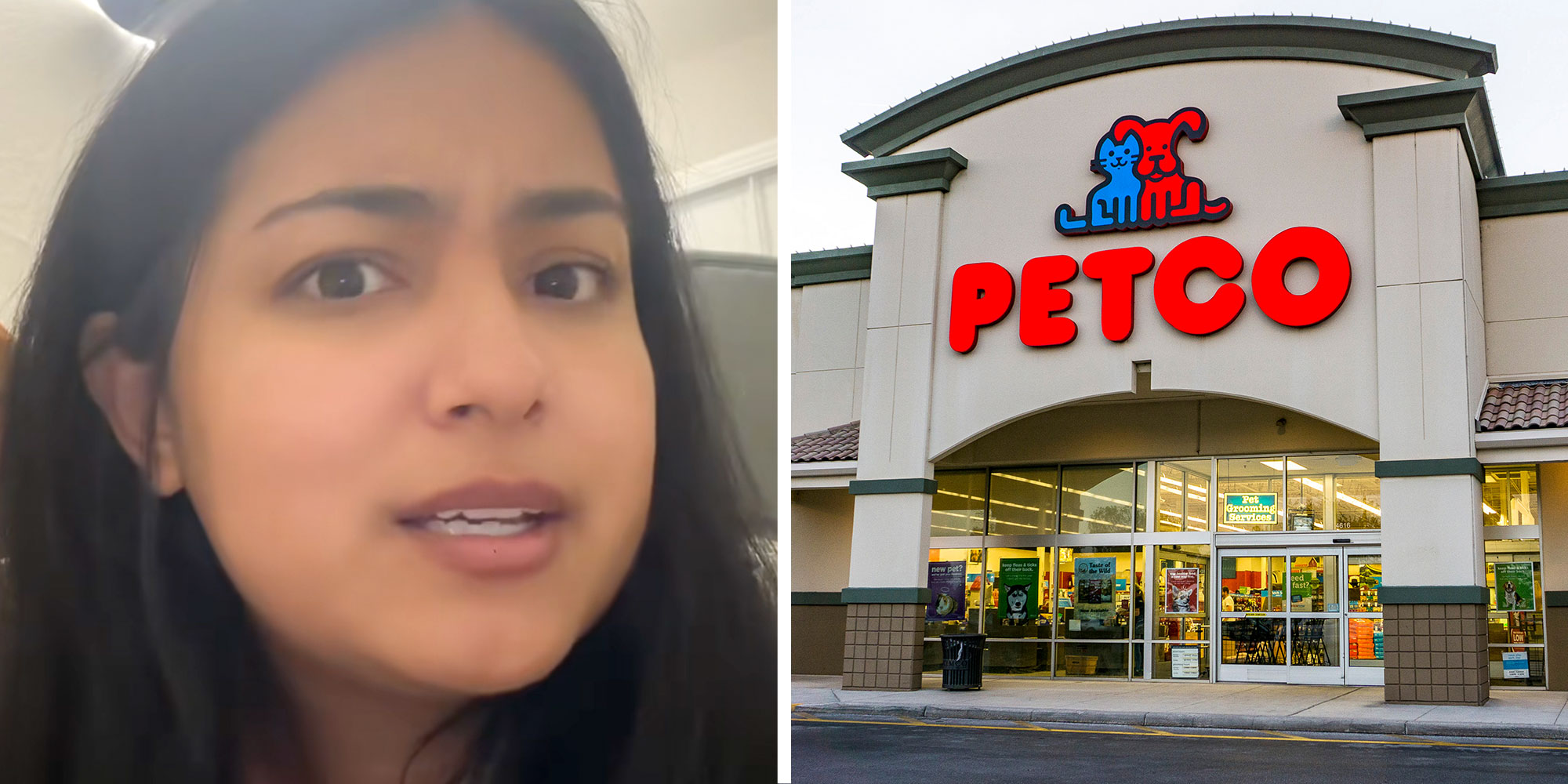 Screenshot of Tiktok user @saucyjocy_; Photo of a Petco exterior.