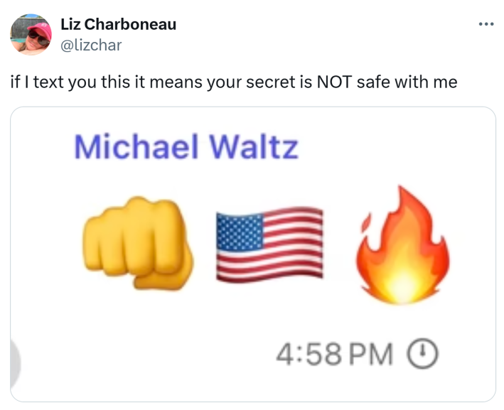 SignalGate meme, text reads, "if I text you this it means your secret is NOT safe with me" with a screenshot of Mike Waltz's emoji text.