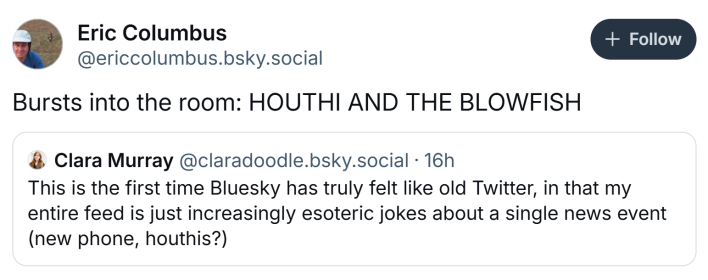 SignalGate meme, text reads, "Bursts into the room: HOUTHI AND THE BLOWFISH"