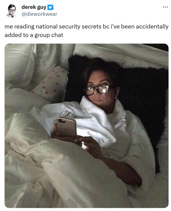 SignalGate meme, text reads, "me reading national security secrets bc i've been accidentally added to a group chat"