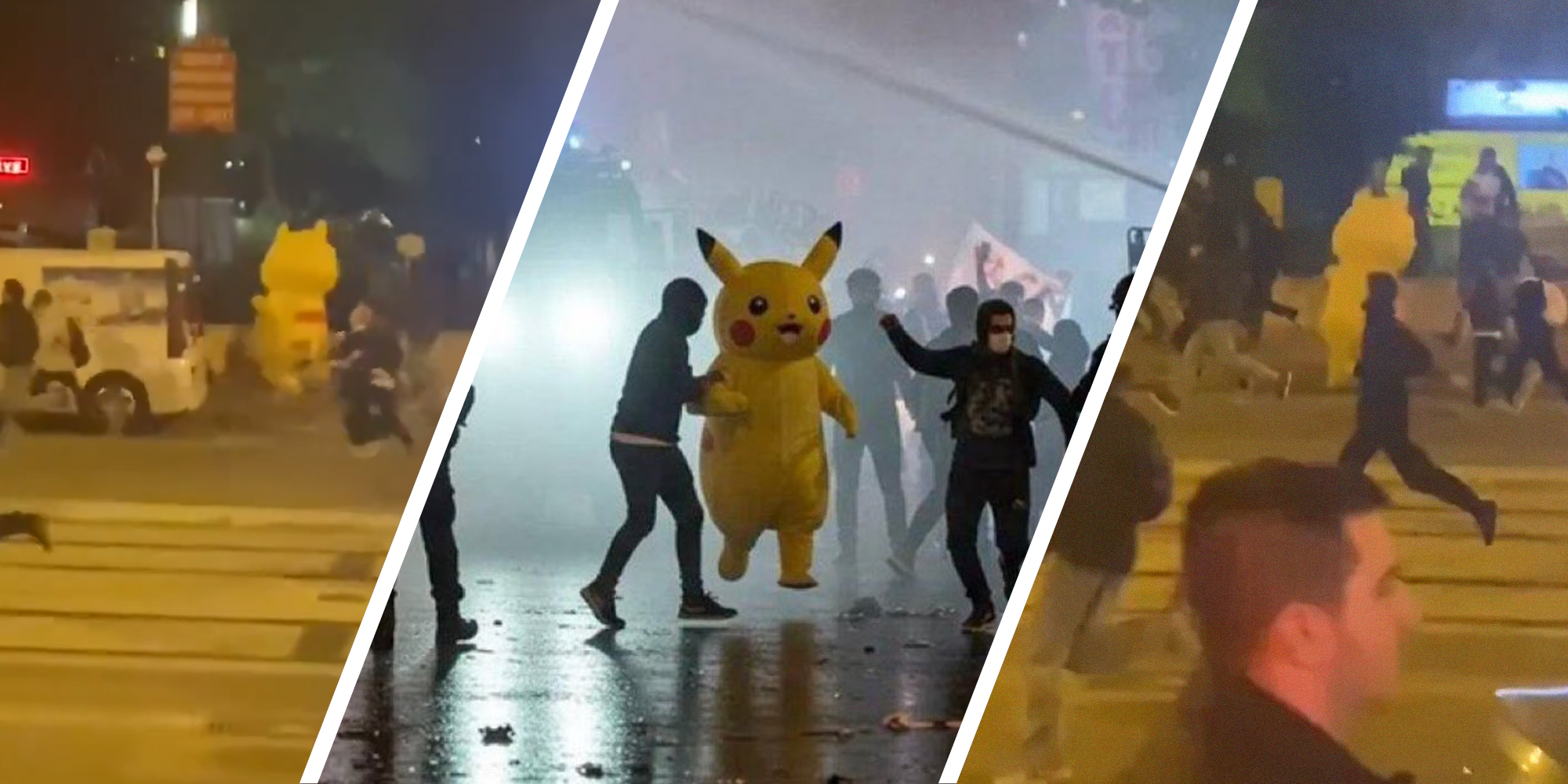 Man in costume running from police(l) AI image of a person in a pikachu costume running from people(c) people running from police(r)
