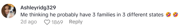 TikTok comment reads, "Me thinking he probably have 3 families in 3 different states (rofl emojis)"