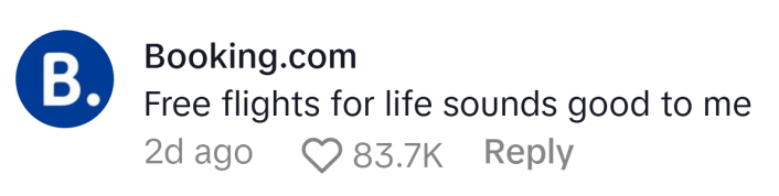 TikTok comment from Booking.com reads, "Free flights for life sounds good to me"