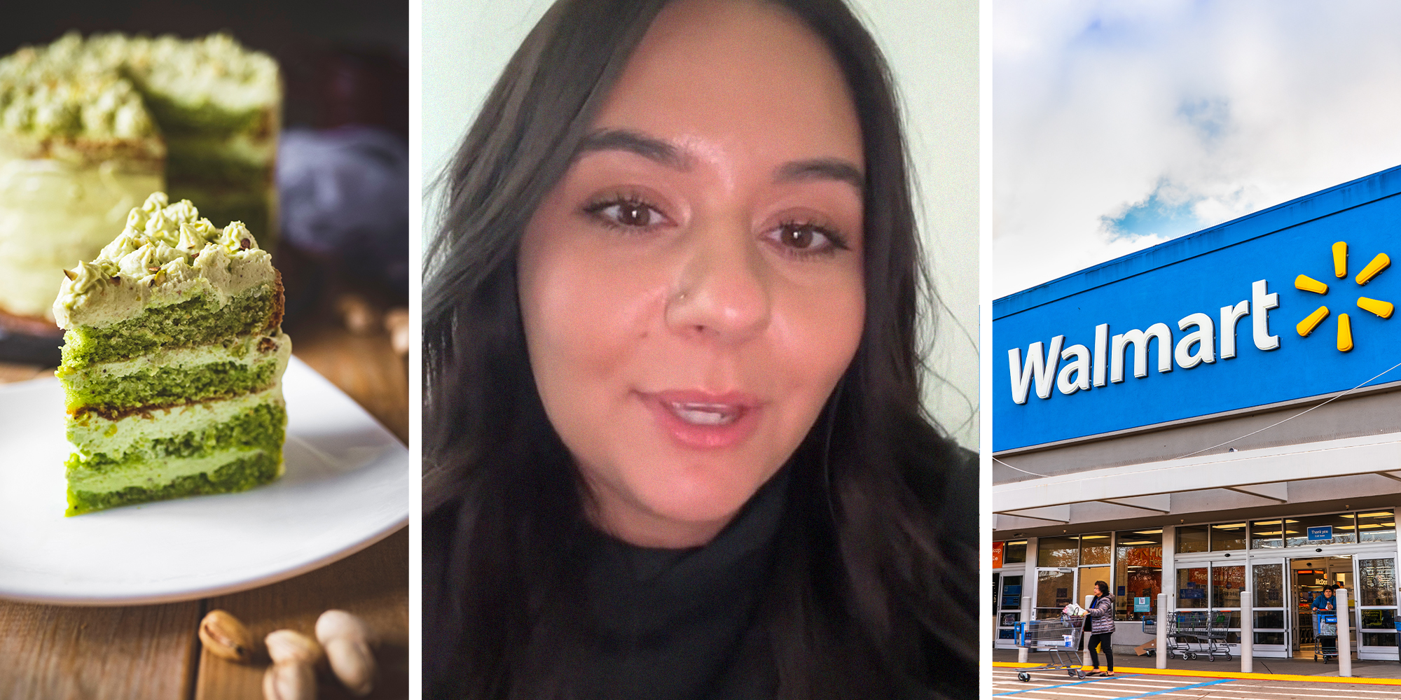 Pistachio colored cake(l) Woman shares cake she got from walmart(c) Walmart store front(r)
