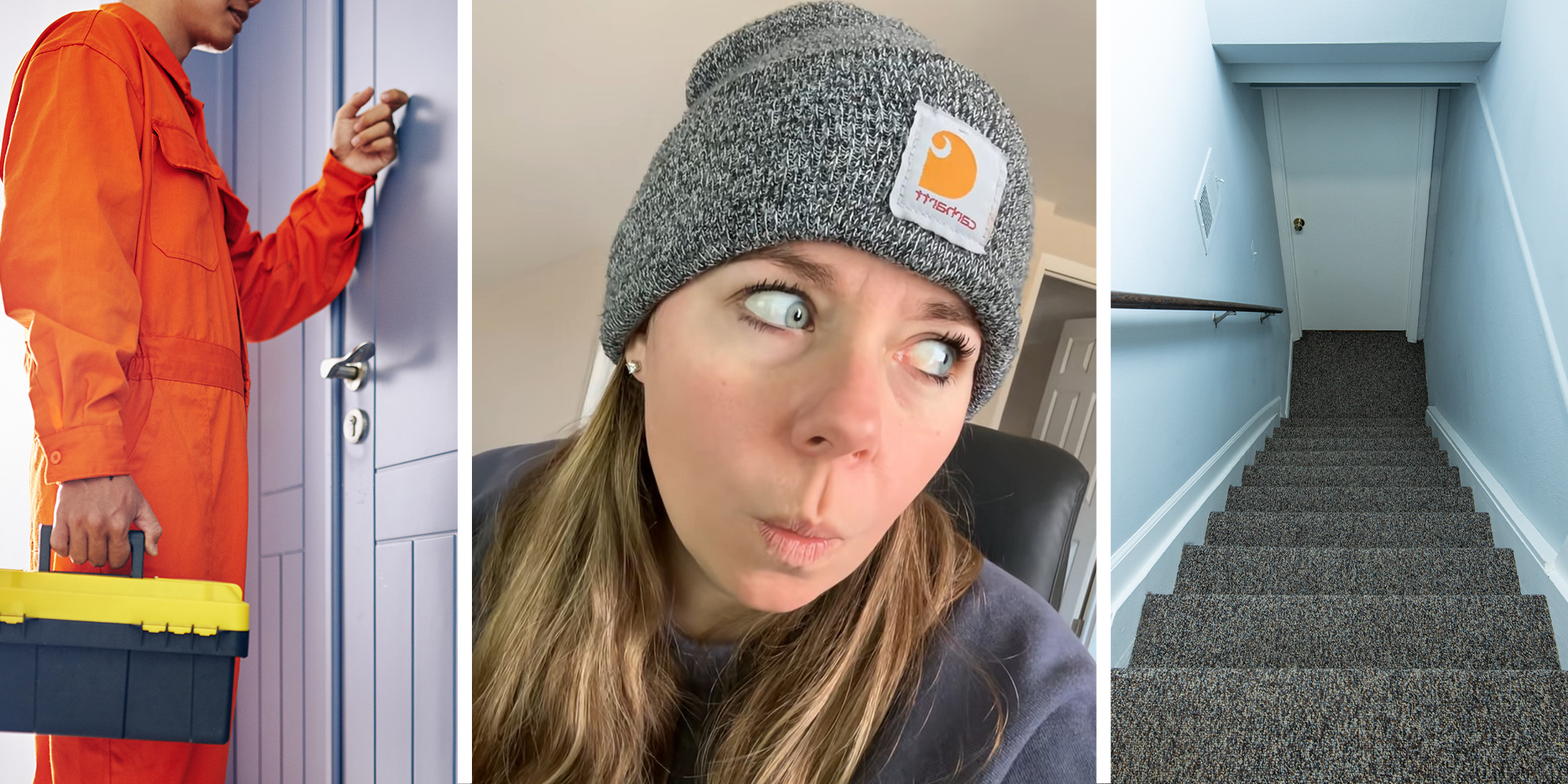 Plumber knocks on door(l) Woman shares story of what was found on her basement(l) stairway leading to basement door(r)