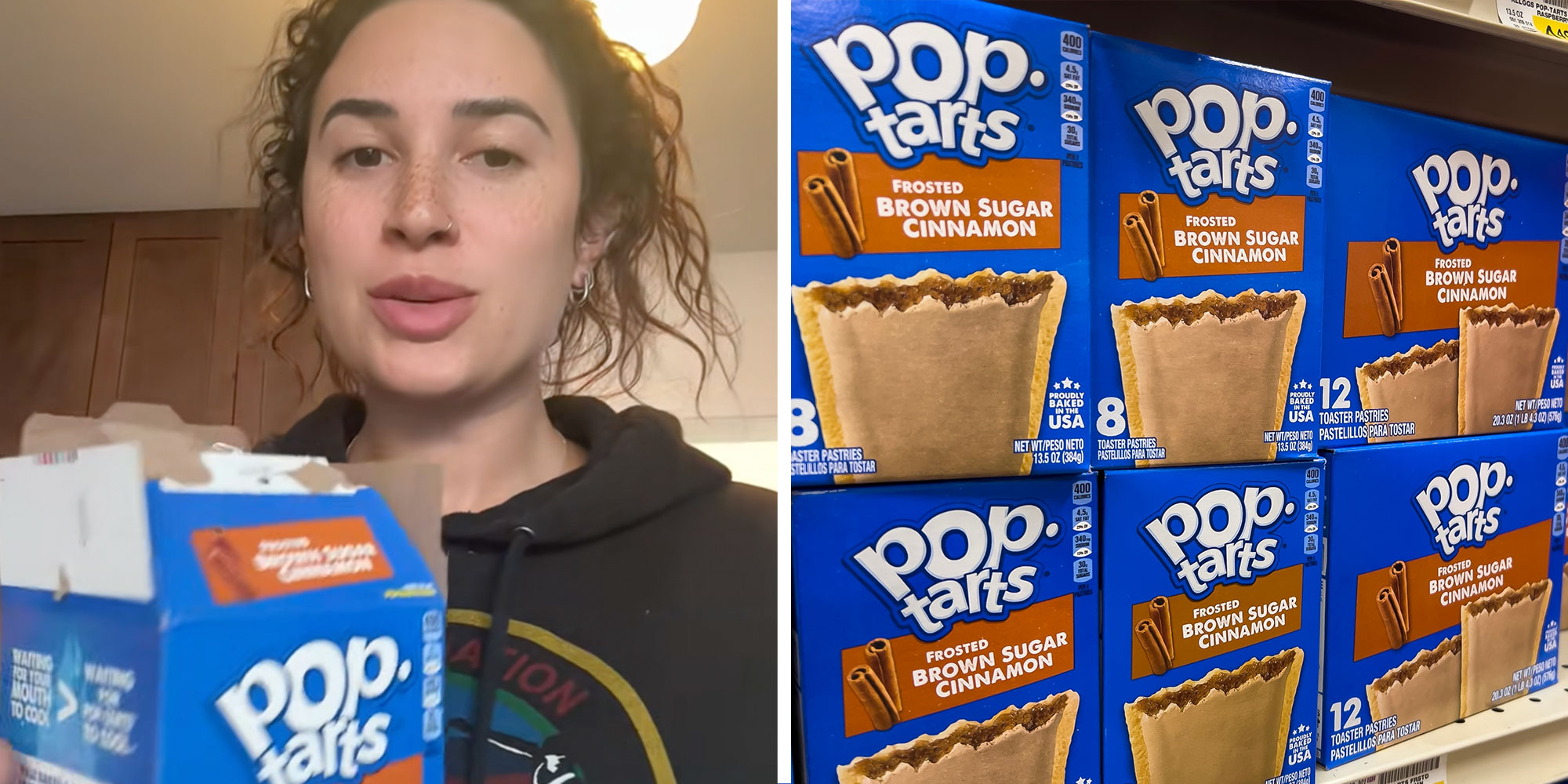 Left: Screenshot of Tiktok user @alanahcole with a box of Pop-Tarts; Right: A grocery shelf of Frosted Brown Sugar Cinnamon Pop-tarts