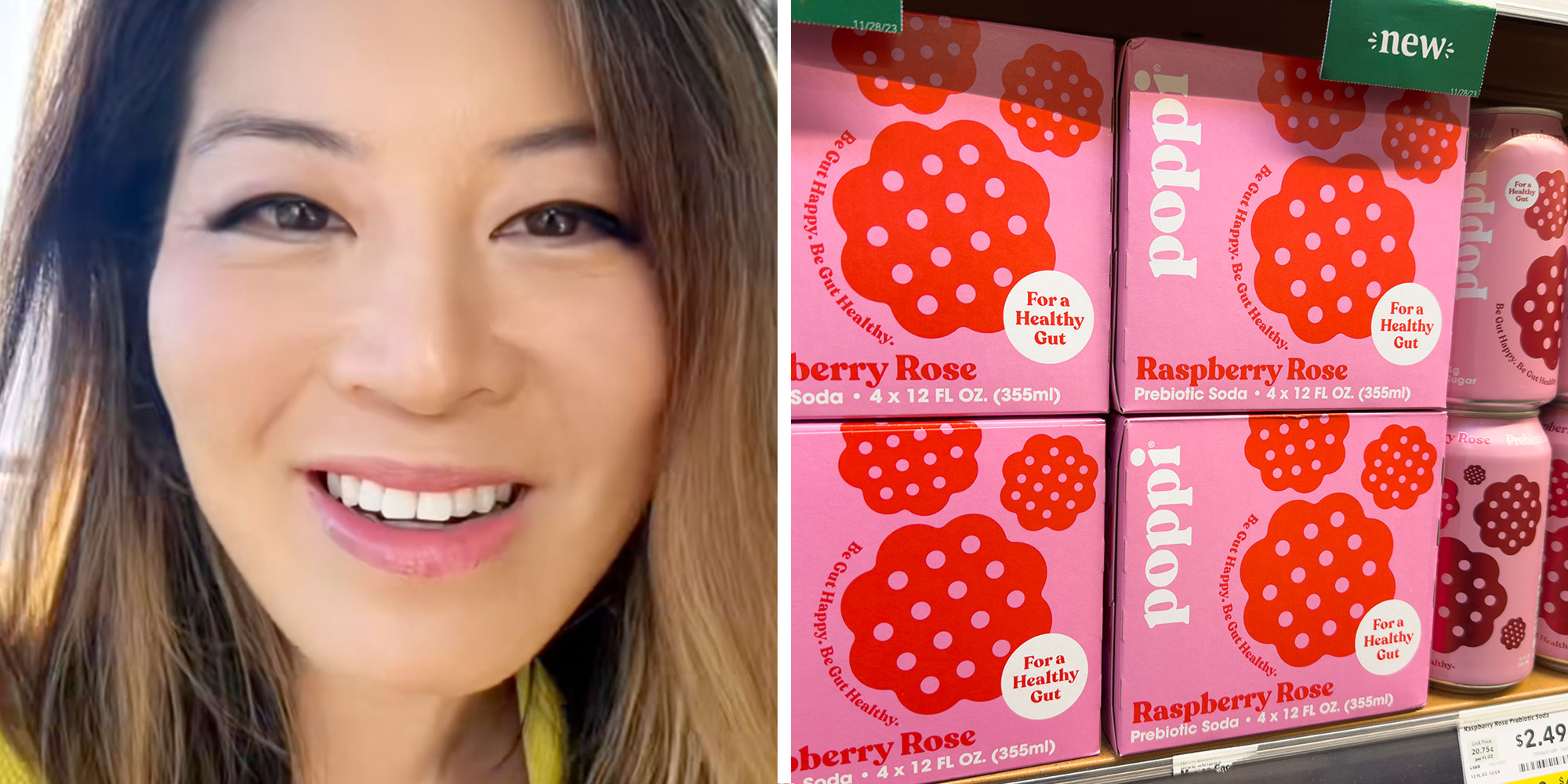 Screenshot of Tiktok user @thelawyerangela; Photo of a grocery shelf of Raspberry Rose Poppi soda.