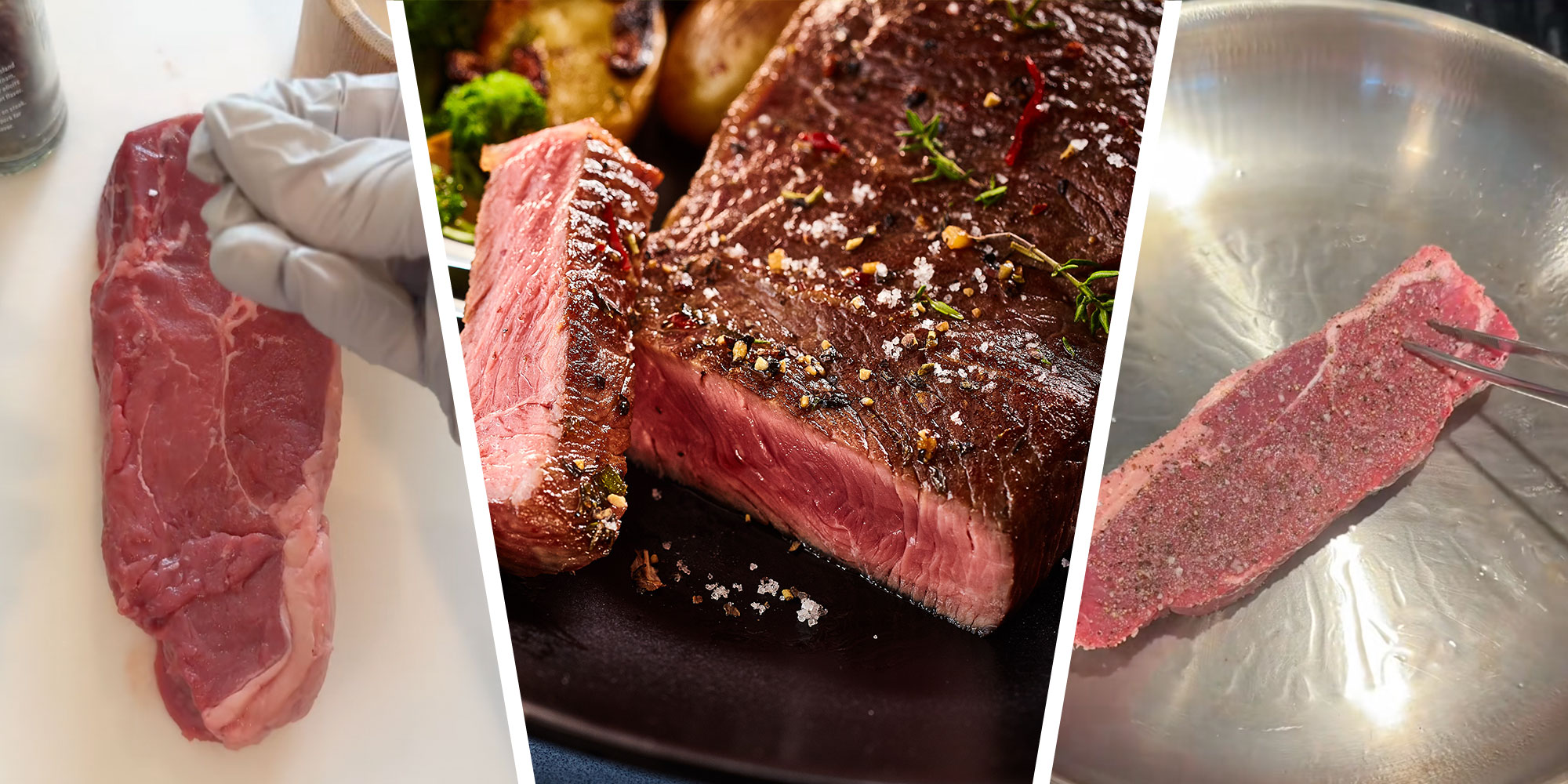 Left: Screenshot of Tiktok user @girlandthekitchen salting a raw steak; Center: Photo of a cooked steak; Right: Screenshot from @girlandthekitchen of a seasoned steak being cooked in a frying pan.