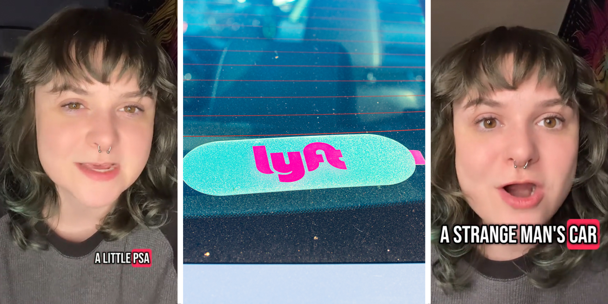 3 panel image: on the sides a person explains and in the middle is a Lyft stocker in a car rear window.