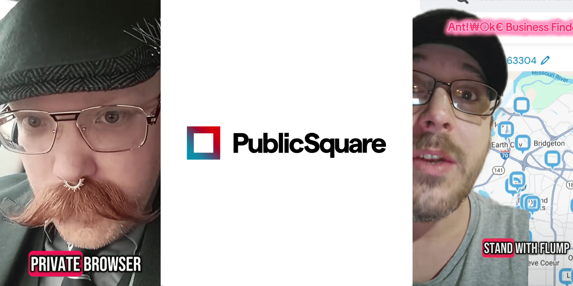 3 image split. Person sitting in car on left. Public Square logo in center. Person screen-sharing Public Square map on right.