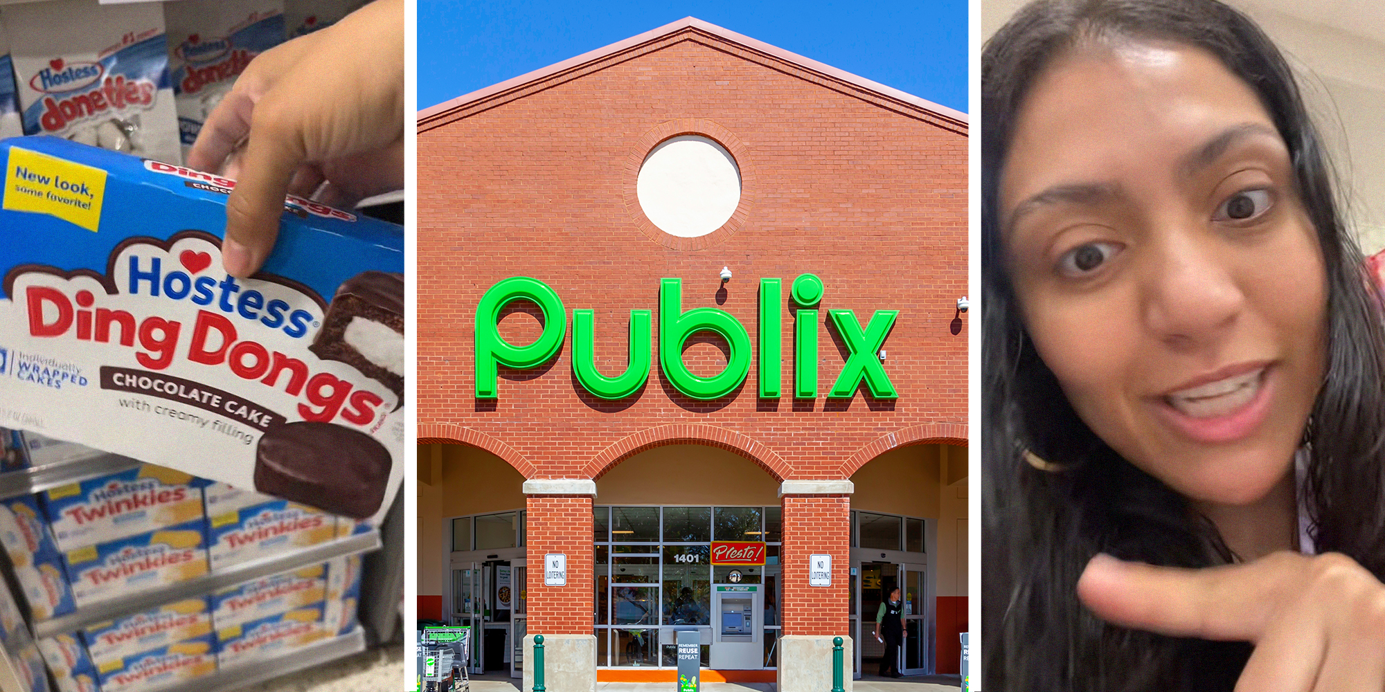 Hostess DingDongs Box(l) Publix Store Front(c) woman shares what she saw at publix store front(r)