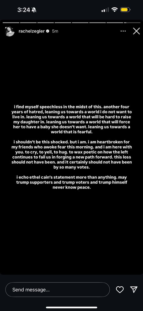 Rachel Zegler Instagram post with text about the 2024 election.