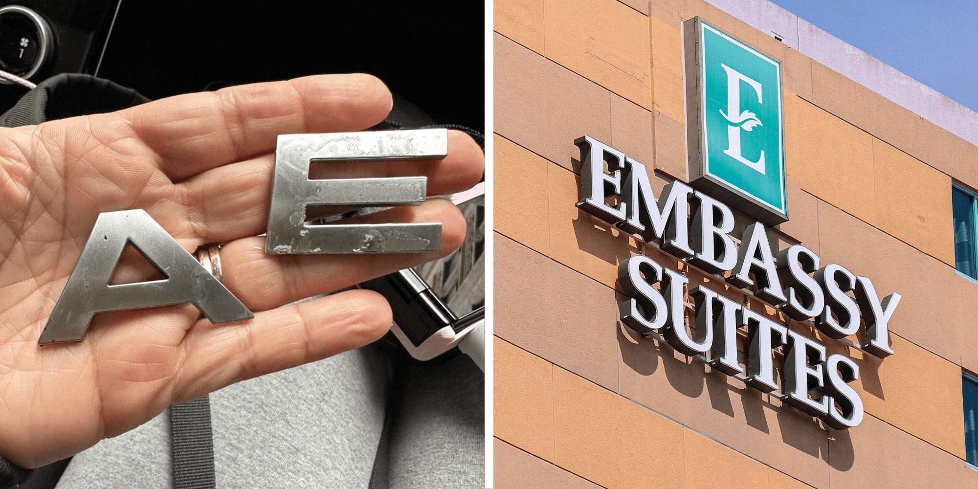 Split image. Hand holding letter's "A" and "E" inside a car on the left. Embassy Suites logo on building on right.