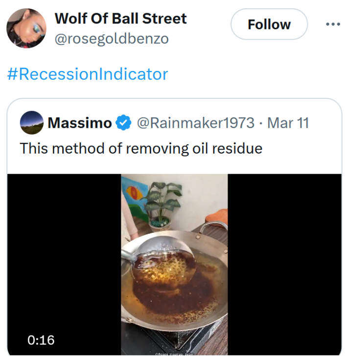 Recession indicator meme about the removing oil residue video.