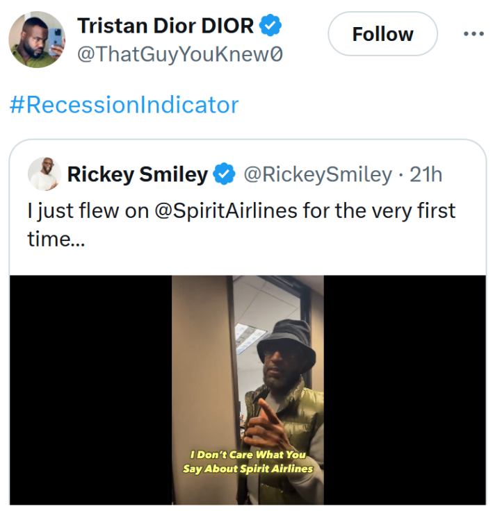 Recession indicator meme about Rickey Smiley flying Spirit Airlines.