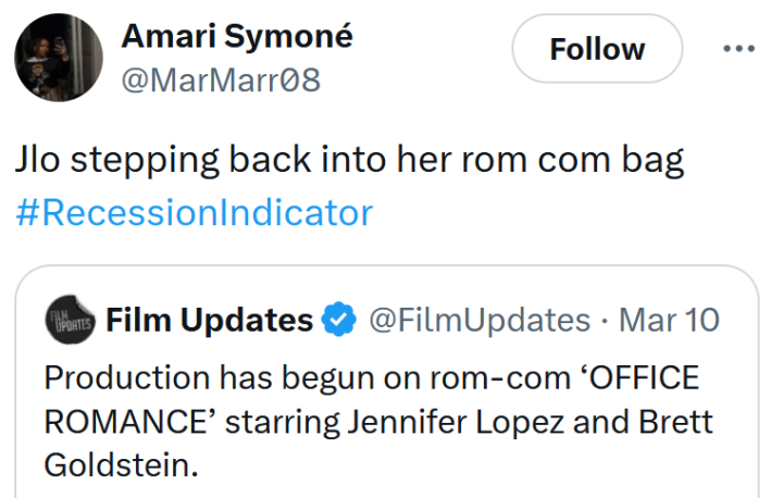 Recession indicator meme about Jennifer Lopez appearing in romantic comedies again.