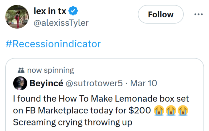 Recession indicator meme about a How To Make Lemonade box set selling for $200.