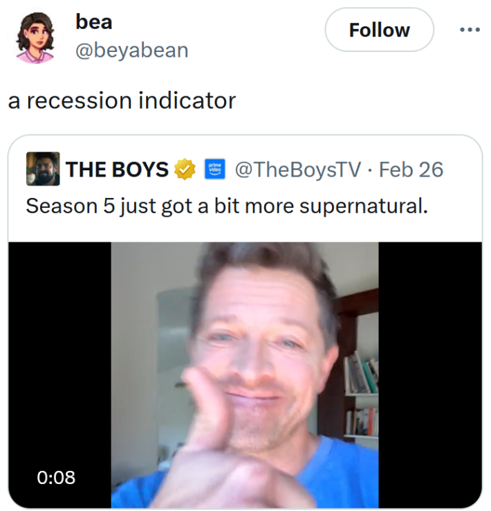 Recession indicator meme about a Supernatural cameo.