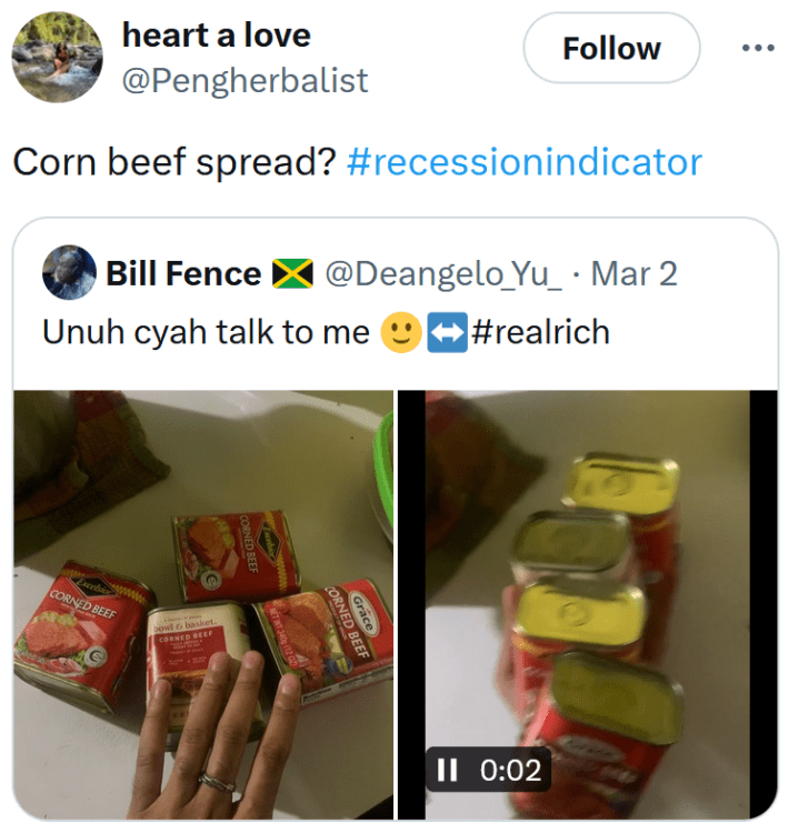 Recession indicator meme about corn beef spread.