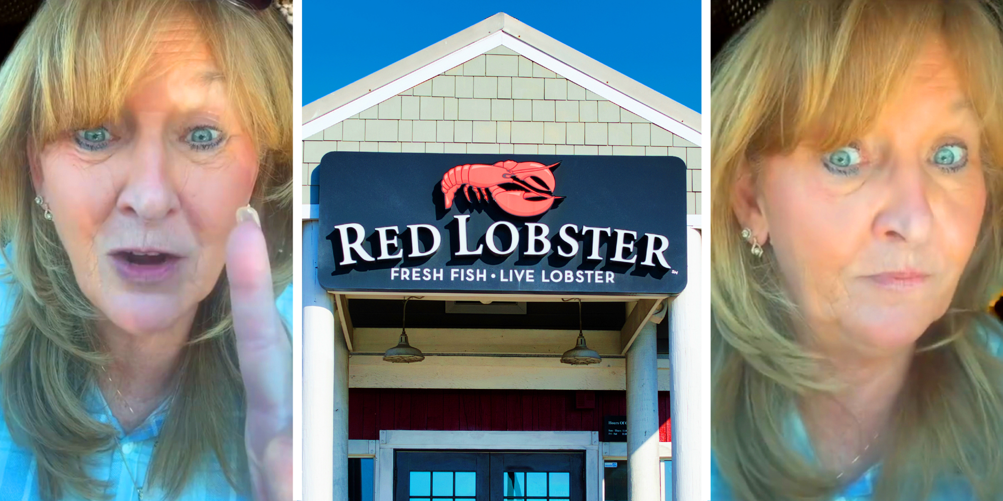 3 panel image: on the sides a person explains, and in the middle is the exterior of a Red Lobster restaurant.
