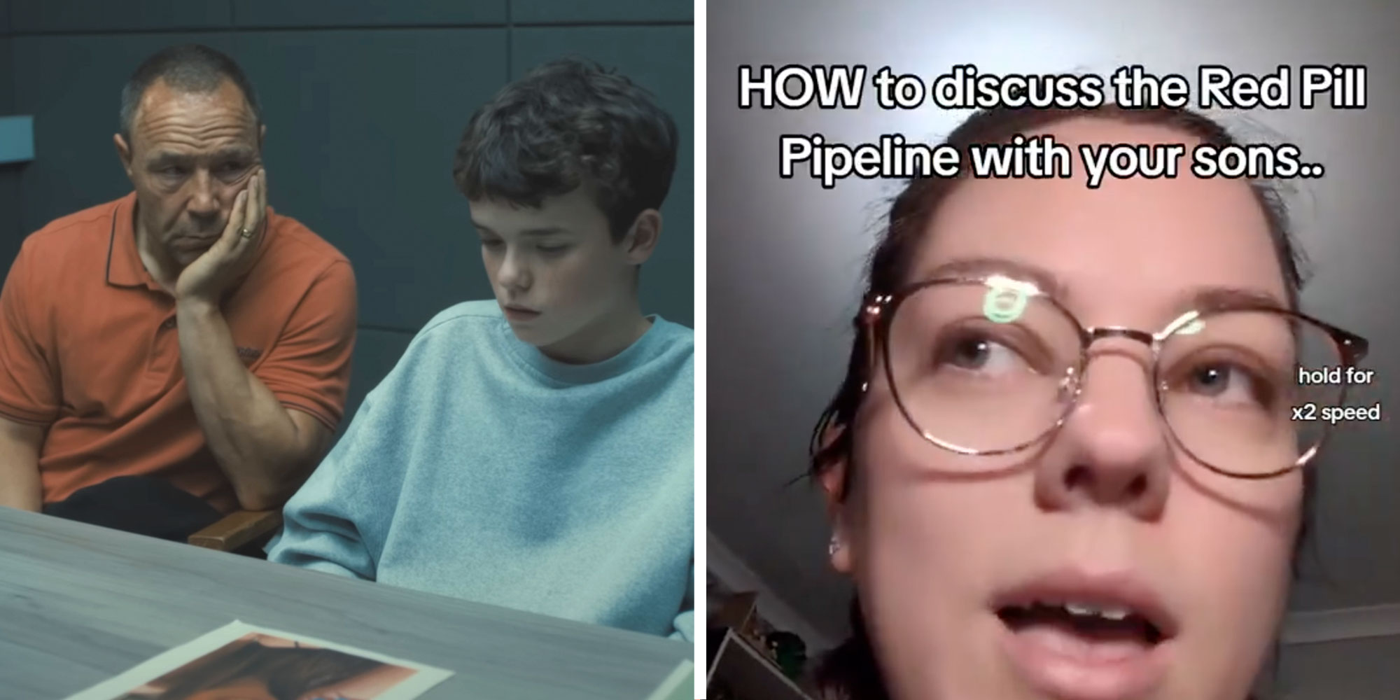 Screenshot from Netflix's Adolescence Official Trailer; Screenshot of Tiktok user @rchlprker with the caption "HOW to discuss the Red Pill Pipeline with your sons.."