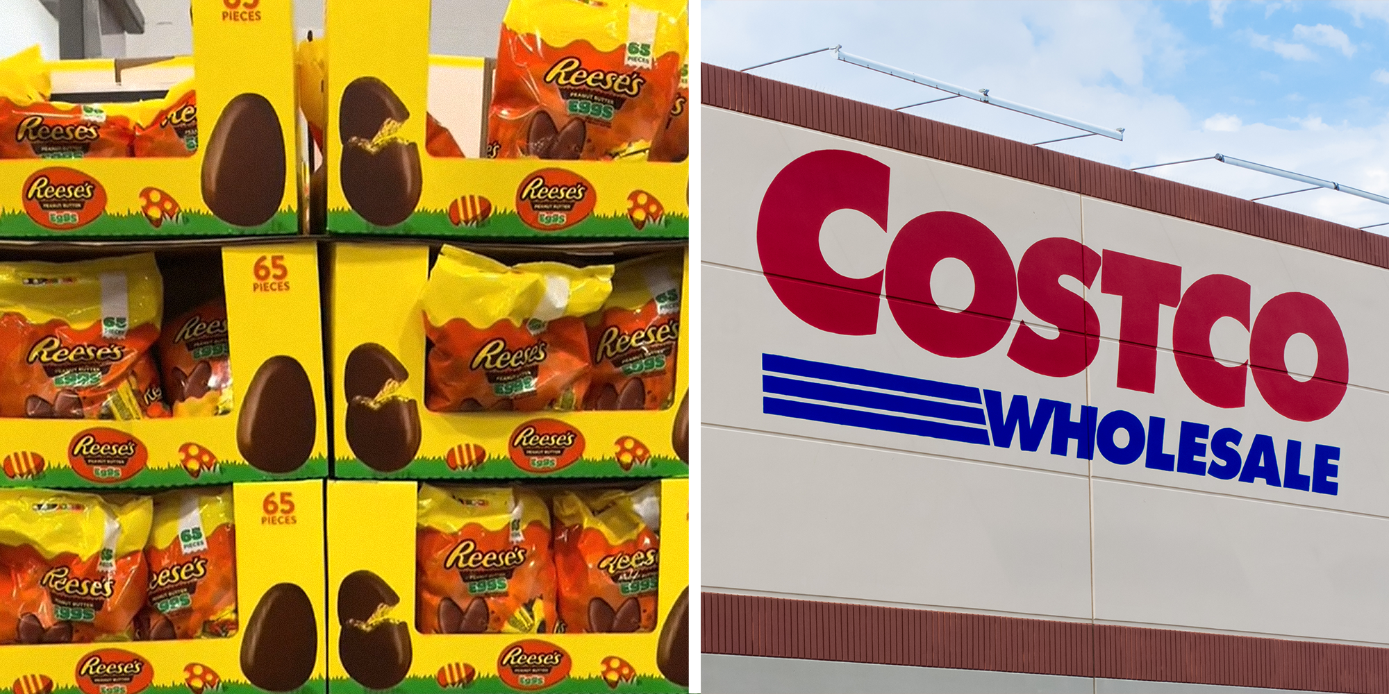 Reeses's chocolate eggs on shelves at Costco on left. Costco storefront on right.