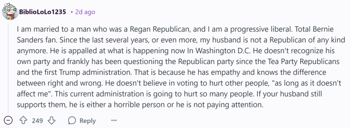 Redditor's reaction to a woman who is married to a Trump supporter and asked for advice.