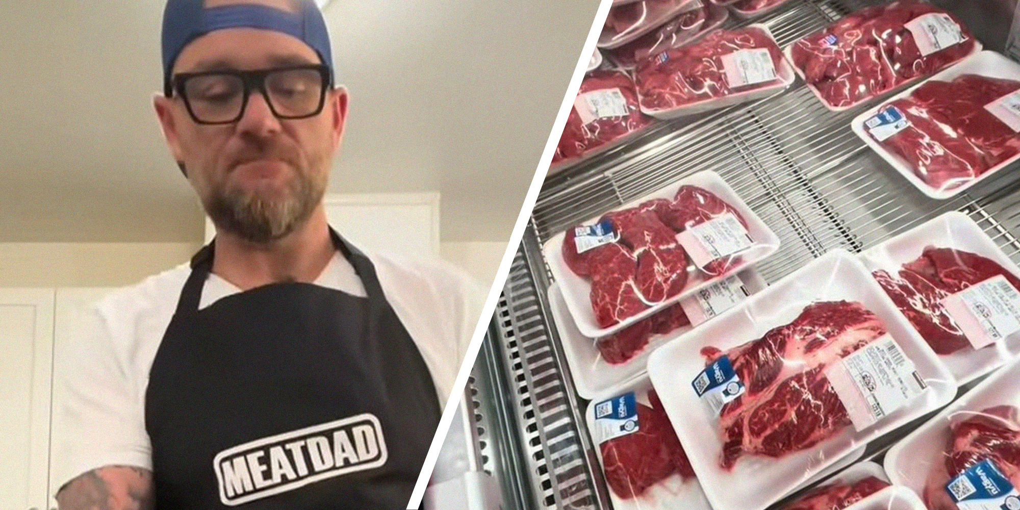 Man shares ribeye alternative(l) Sealed Meats at store display(r)