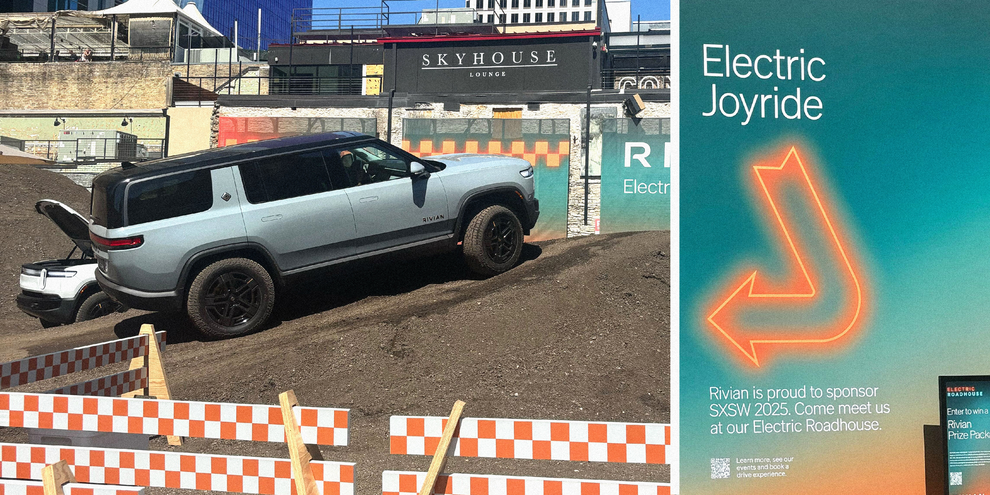 2 panel image showing scenes from Rivian's South By Southwest Electric Joyride experience.