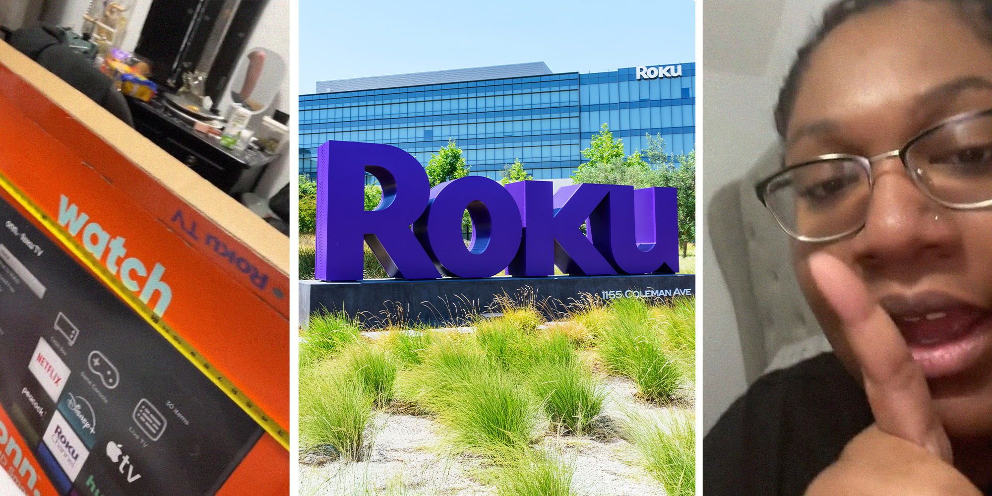 Roku Tv Box(l) Roku Logo In front of building(c) woman shares tv sizes are not matching(r)