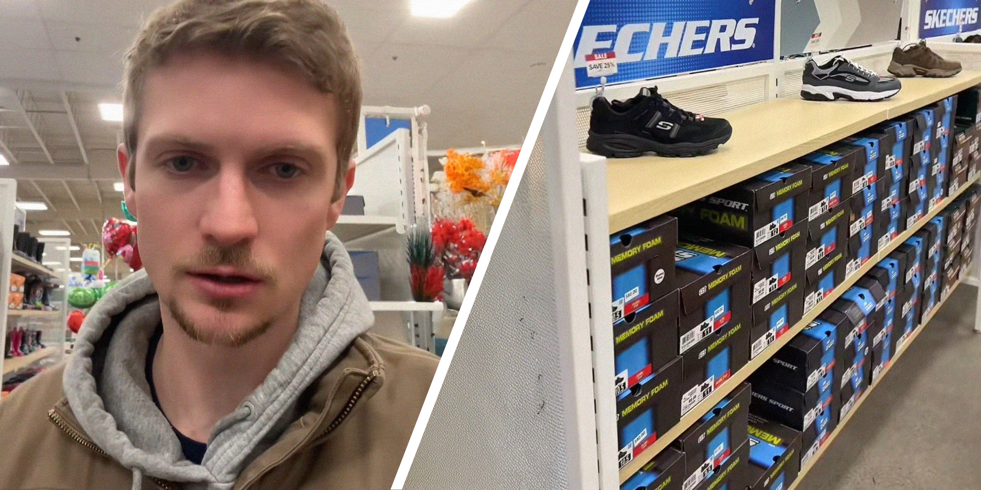 man shares issues with new shoes being sold(l) Sketcher's lineup of shoes(r)