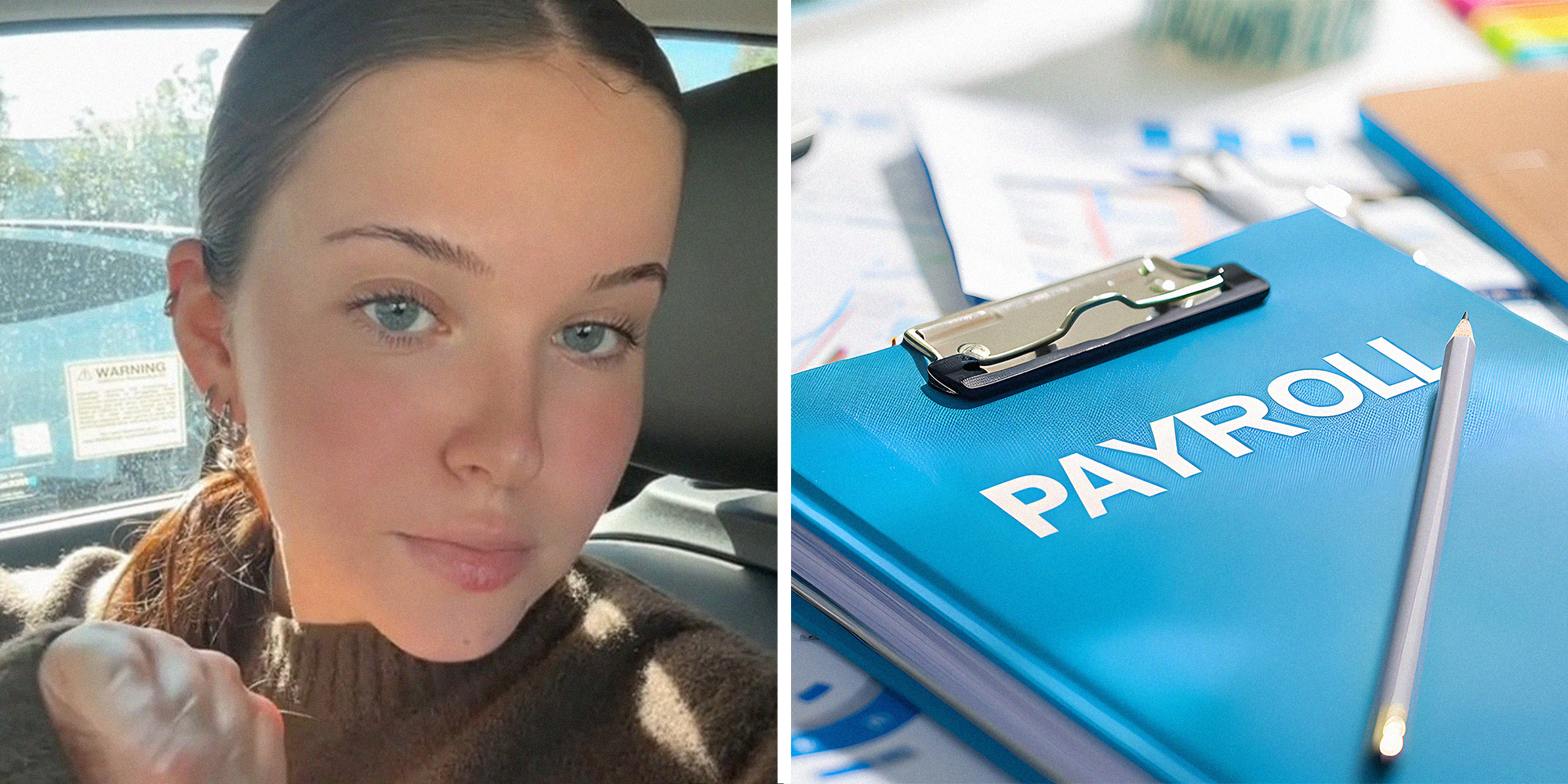 woman shares reason she lost her job(l) Blue Payroll Book(r)