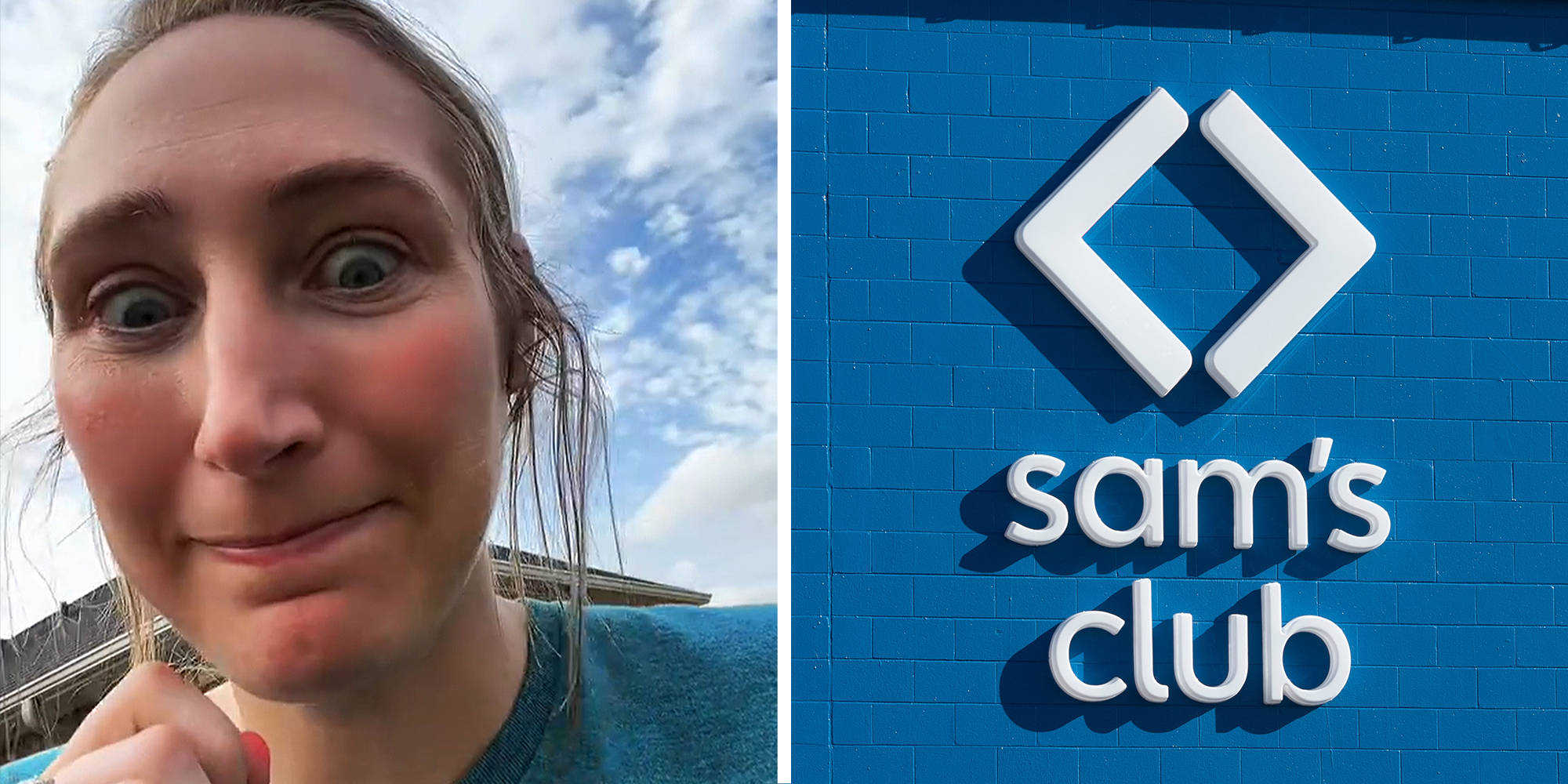 Split image. Woman looking shocked and disappointed on left. Sam's Club logo on building on right.