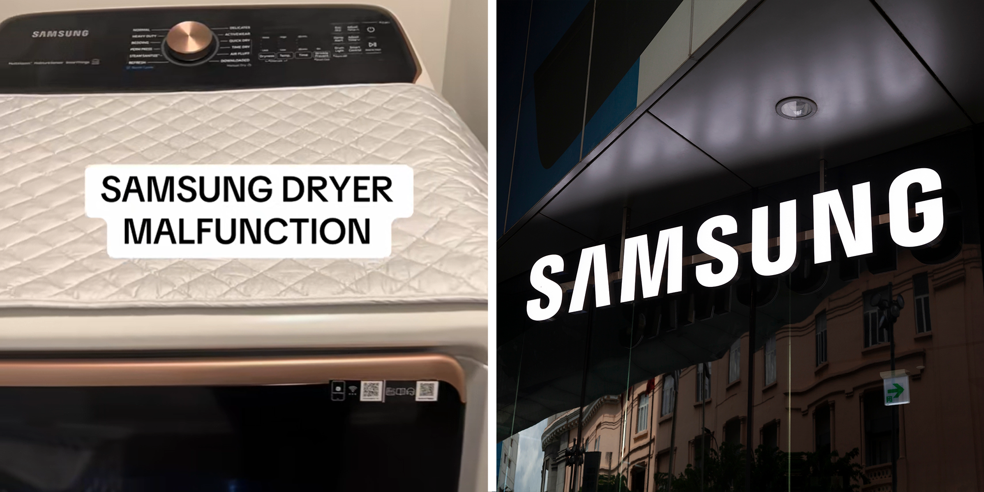 2 image split. Samsung dryer with overlaying text that reads: "Samsung dryer malfunction" on left. Samsung storefront on right.