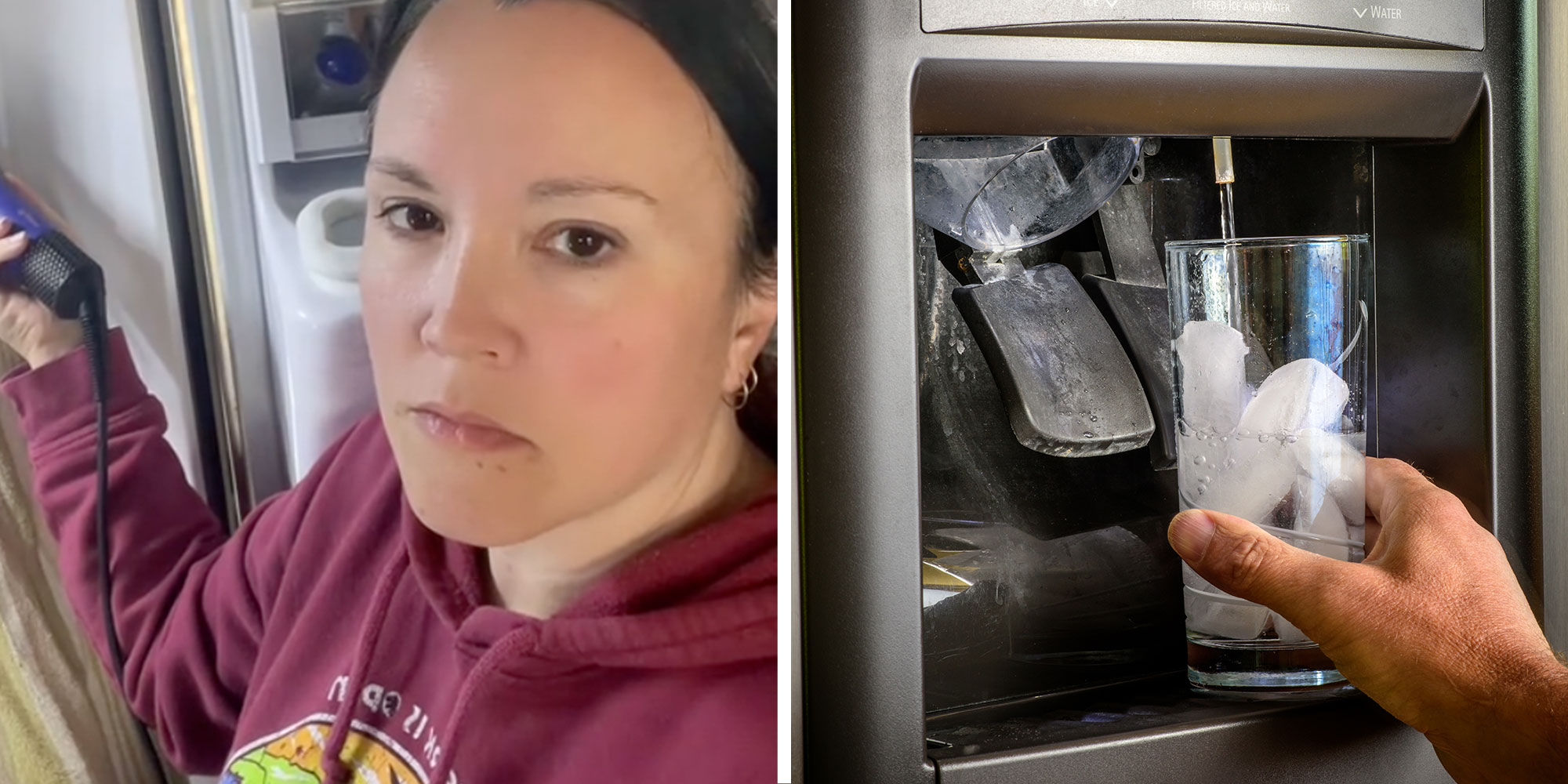 Left: Screenshot of Tiktok user @darcisan; Right: Photo of a Fridge dispensing ice into a glass.