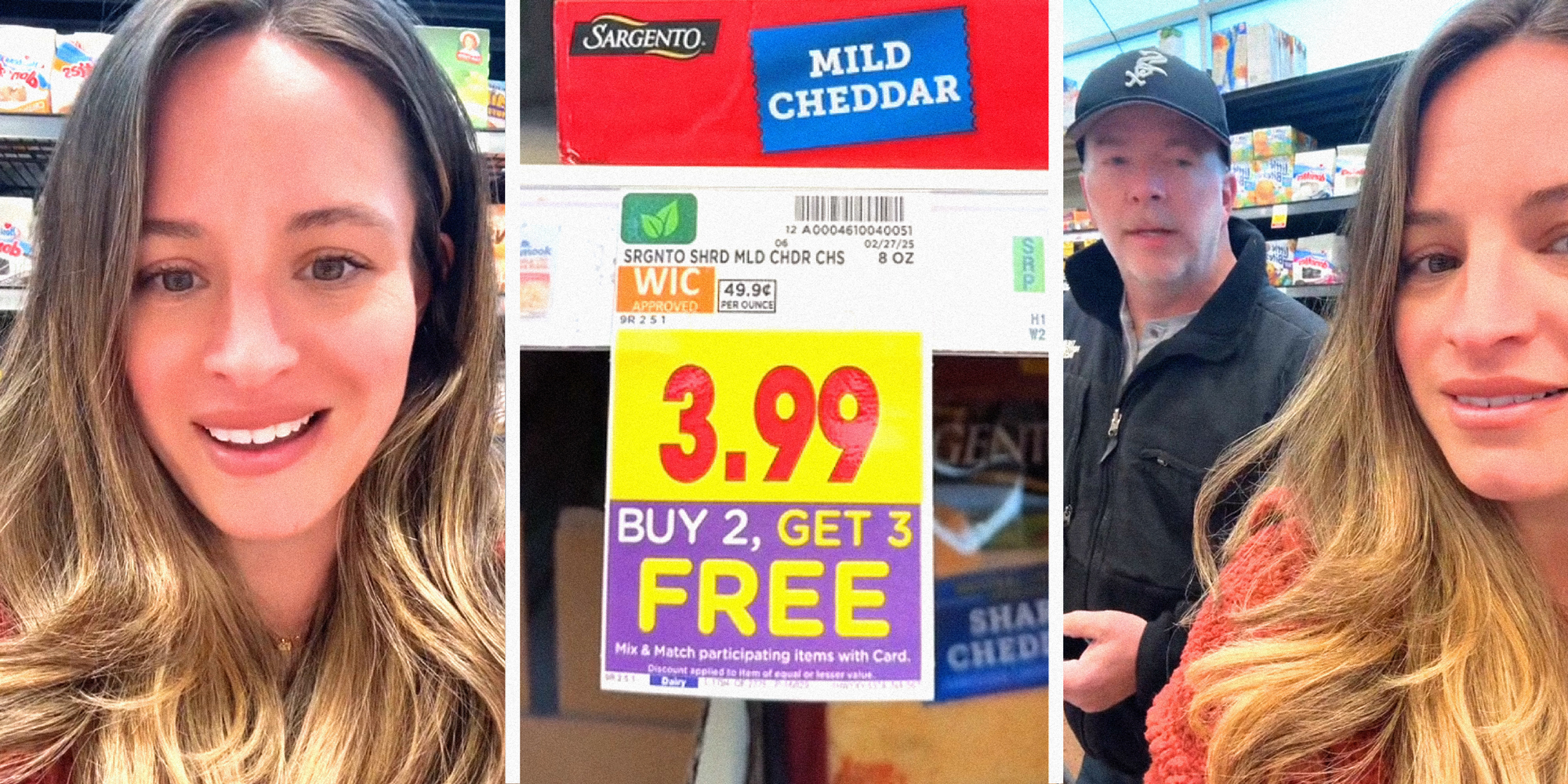 3 panel image: On the sides people explain in a store, and in the middle is a grocery store sign.