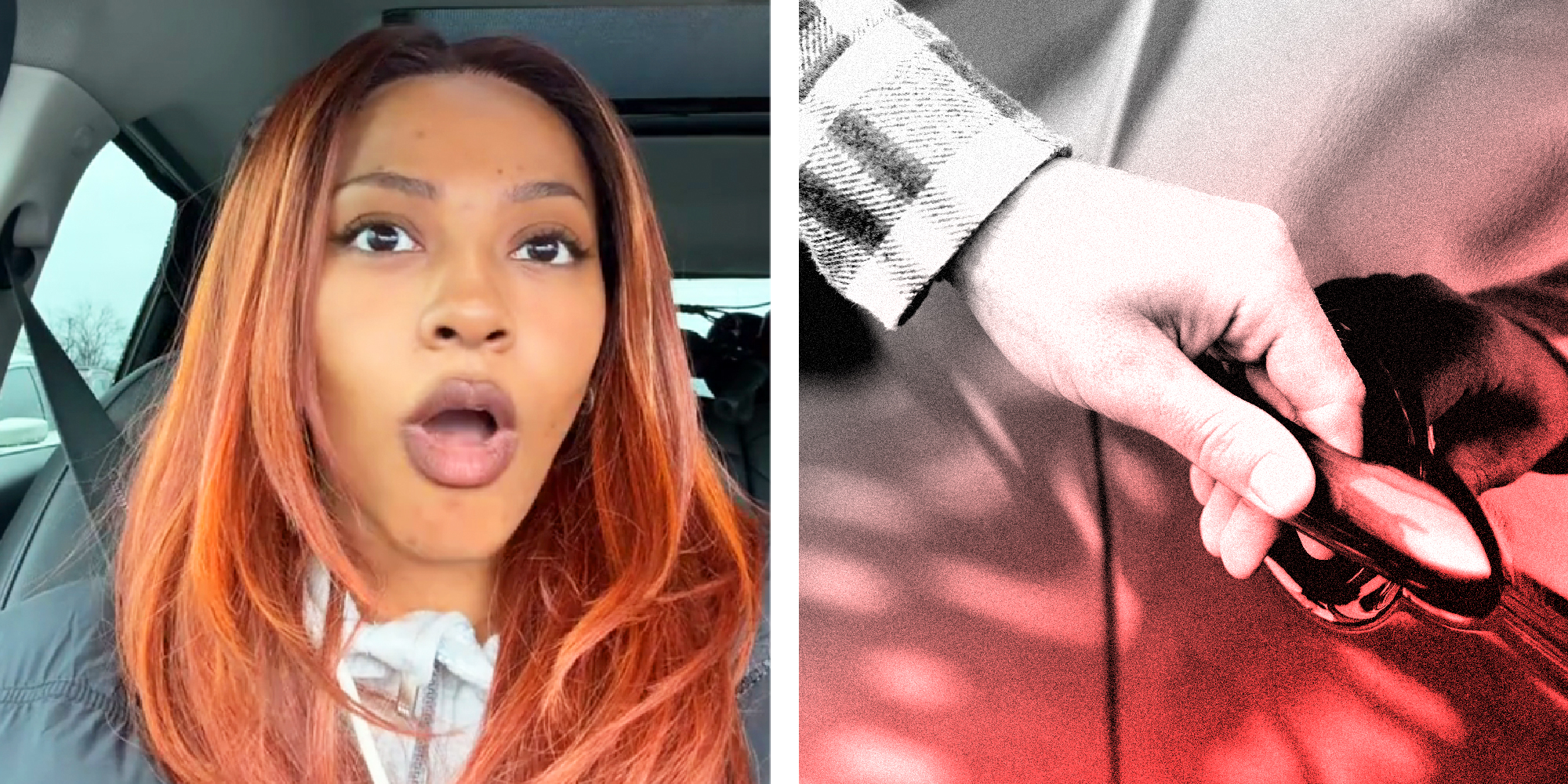 2 panel image on the left a person explains, and on the right a person grabs for a car door handle.