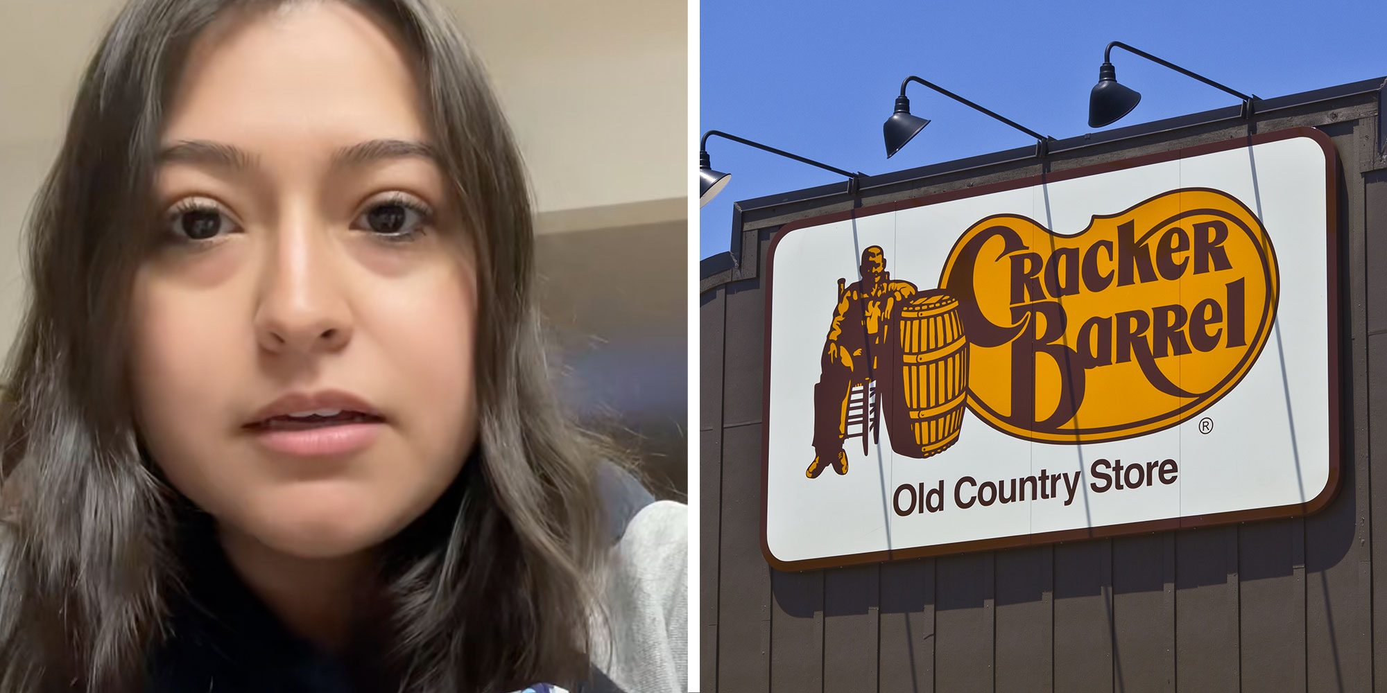 Screenshot of Tiktok user @tilapiia; Photo of a Cracker Barrel Old Country Store sign.