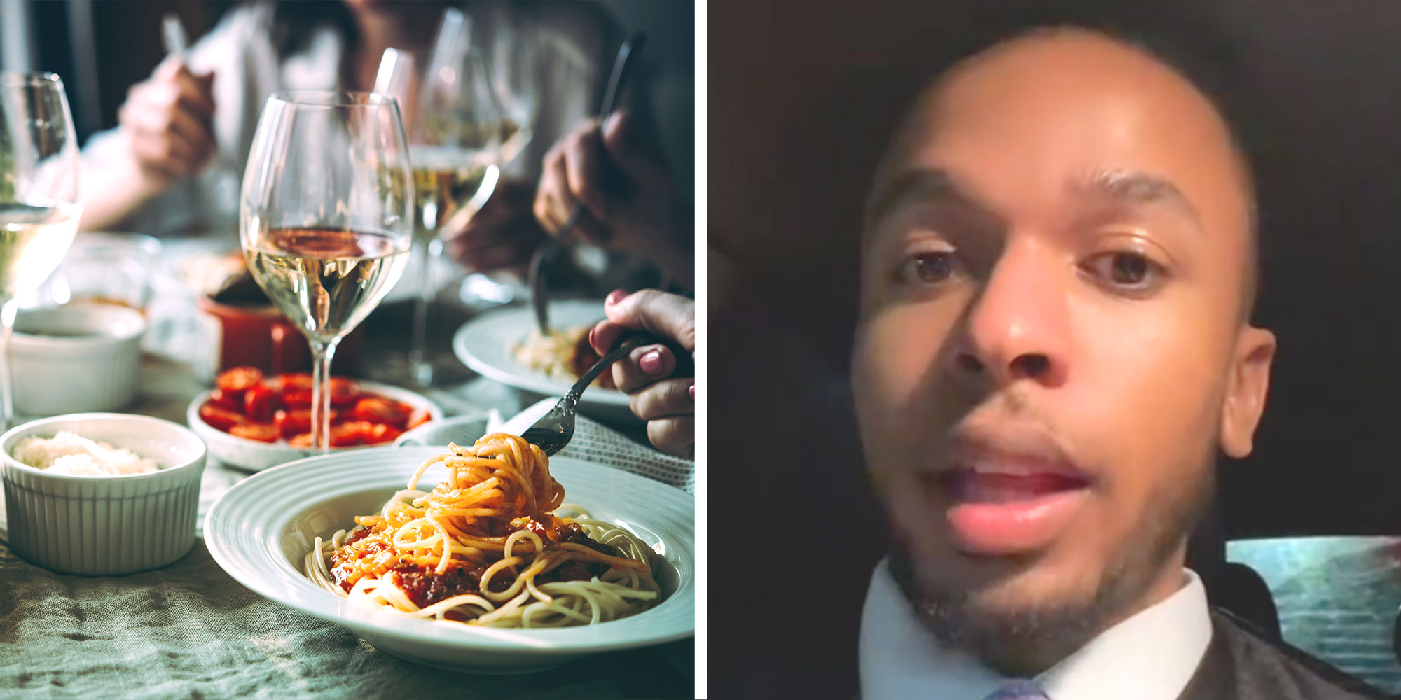 Left: Photo of restaurant patrons eating italian food; Right: Screenshot of Tiktok user @uncleaairo.
