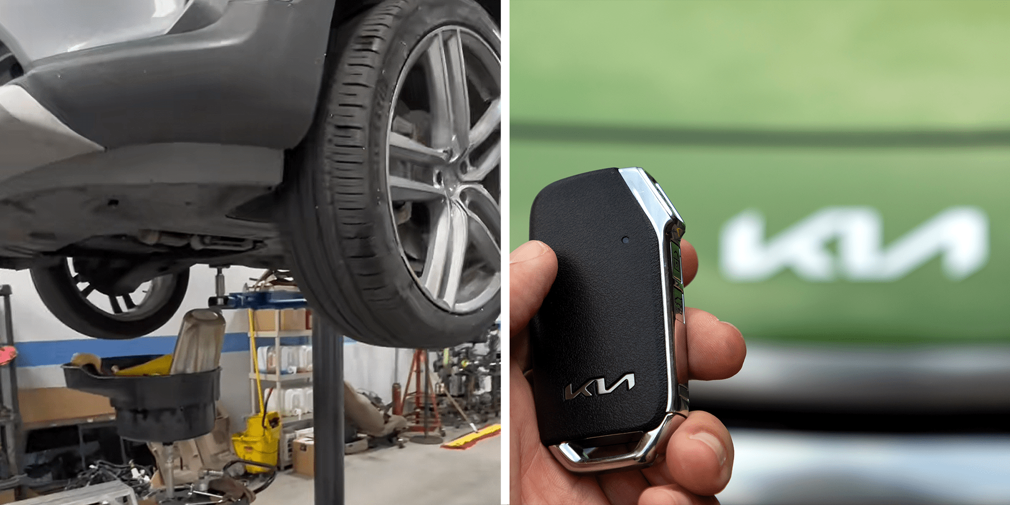 2 image split. Kia car being held up at mechanic on left. Kia key fob and logo on car on right.
