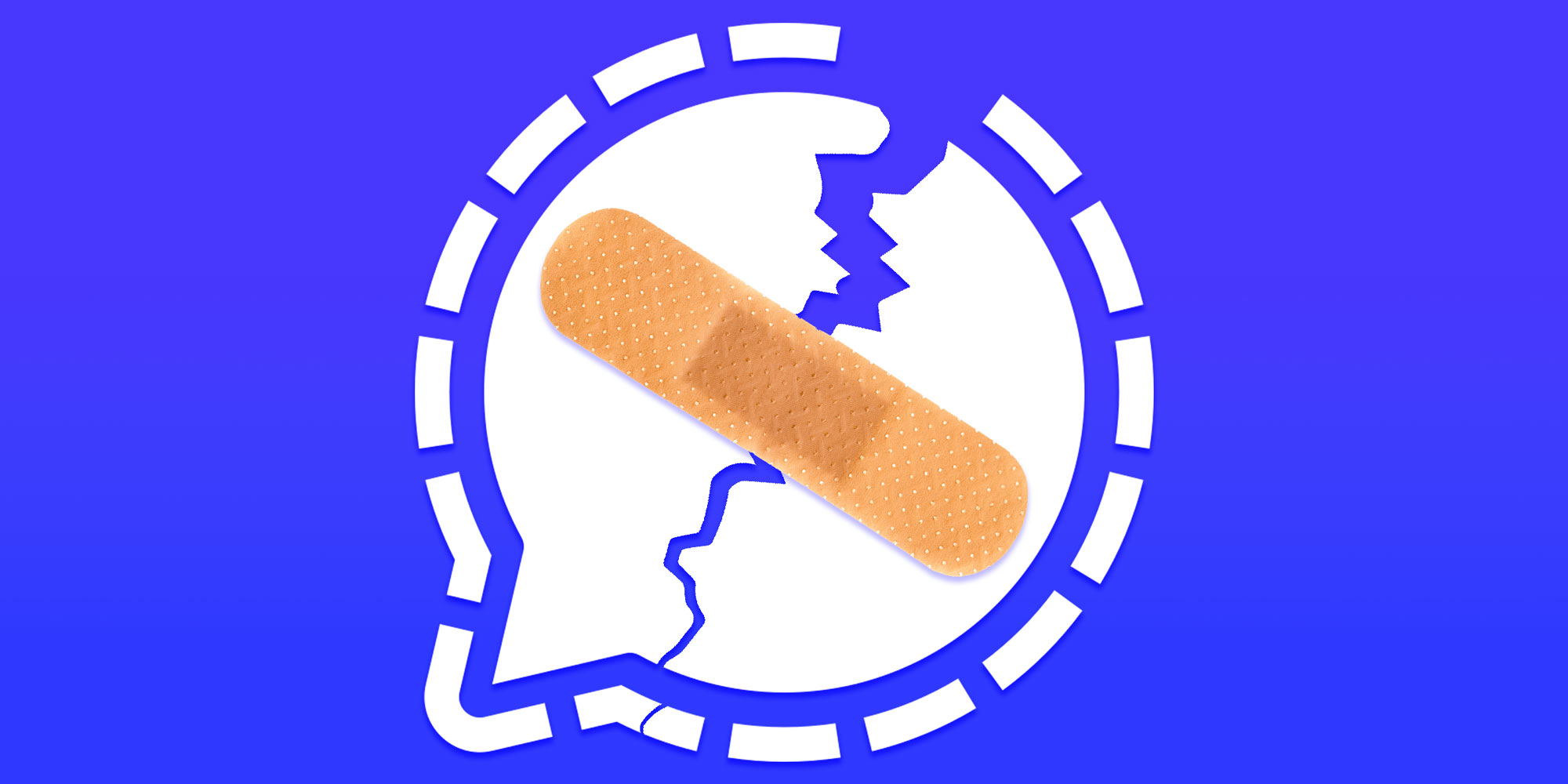 Photo Illustration of a cracked Signal logo with a Bandage holding it together.