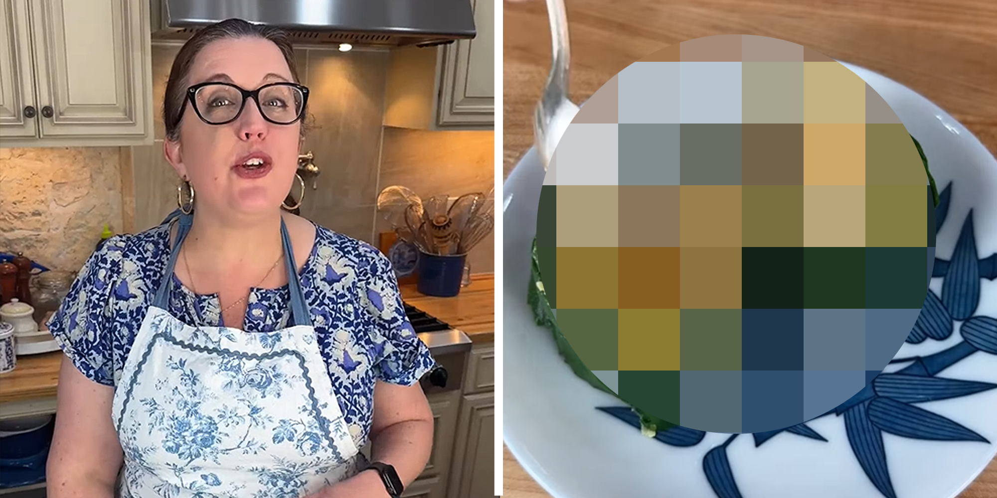 2 image split. Woman in kitchen on left. Blurred image of grits sushi on right.