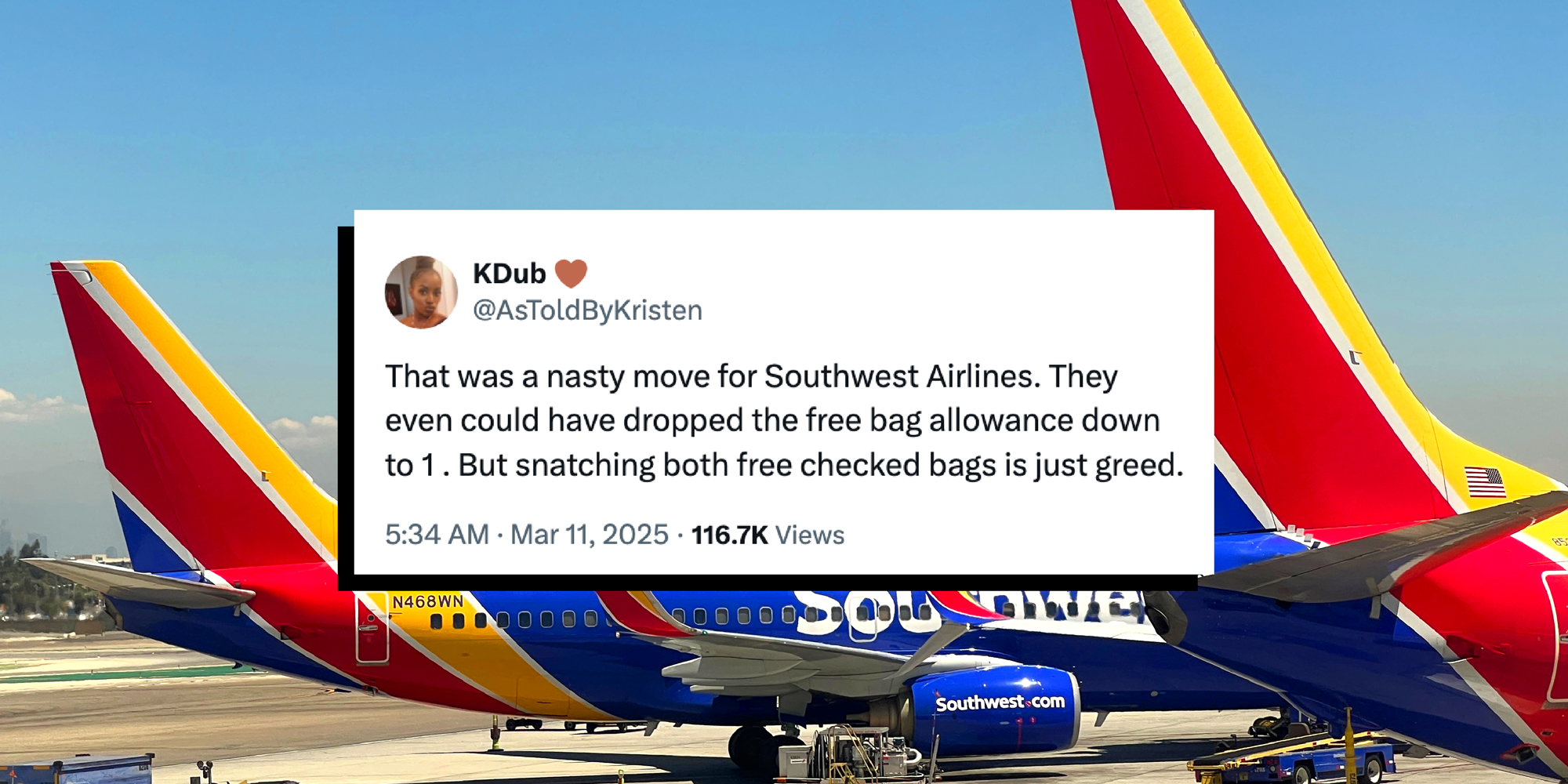 A tweet over Southwest airplanes on the airport runway. Text reads, "That was a nasty move for Southwest Airlines. They even could have dropped the free bag allowance down to 1 . But snatching both free checked bags is just greed."