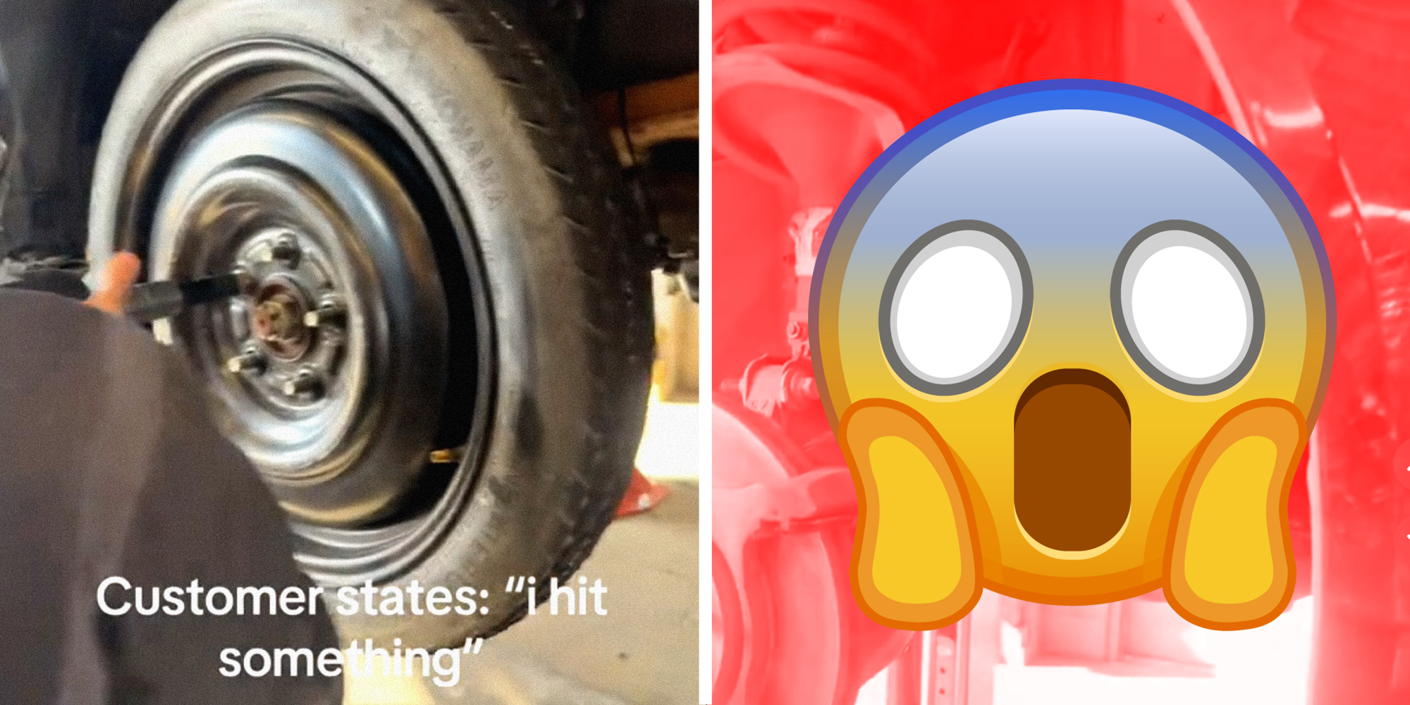 2 panel image: a mechanic removes a tire and the scream emoji.