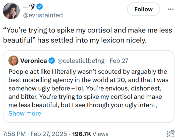 Tweet reading “'You’re trying to spike my cortisol and make me less beautiful' has settled into my lexicon nicely."