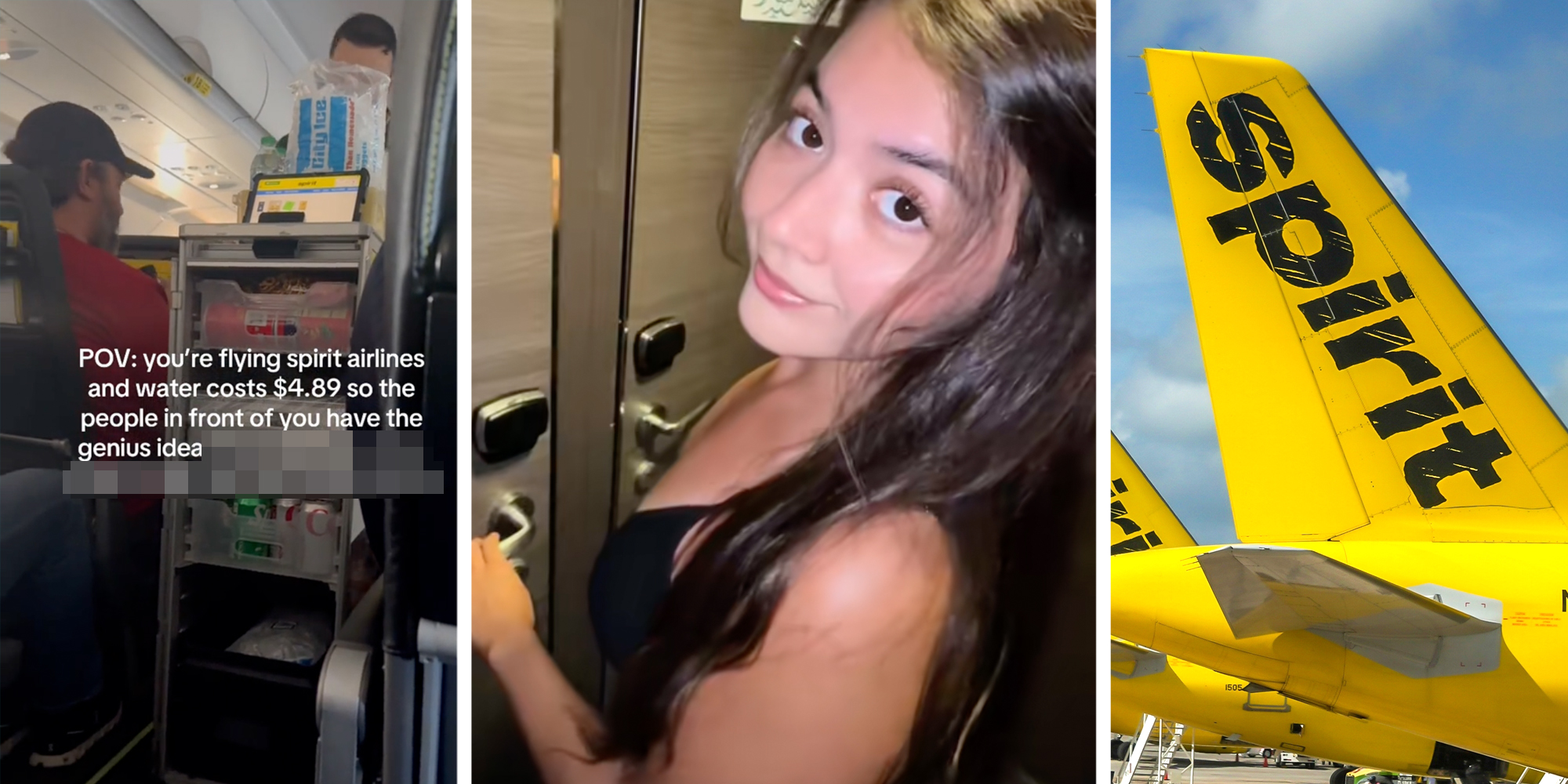 Cart on plane with text "pov you're flying spirit airlines and water costs $4.89 so the people in front of you have the genius idea *redacted*"(l), Woman talking(c), Spirit airplane(r)