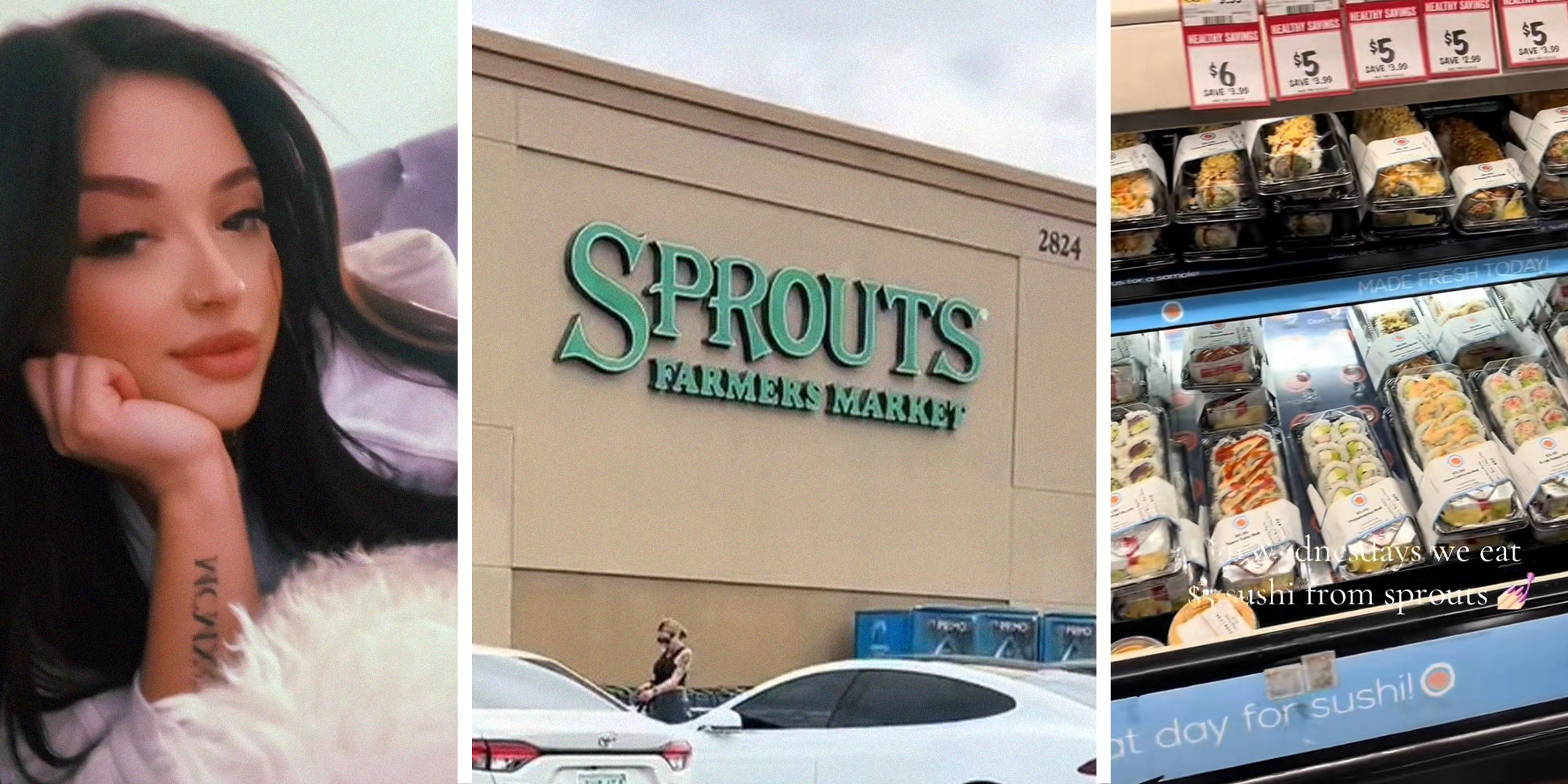 woman sharing deal at Sprouts store(l) Sprouts farmers market store front(c) Sushi on display at store(r)