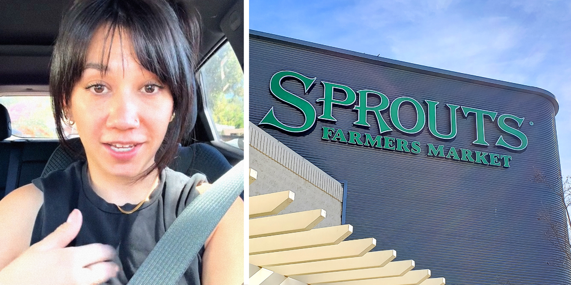 2 panel image: on the left a person explains, on the right is the exterior of a Sprouts grocery store.