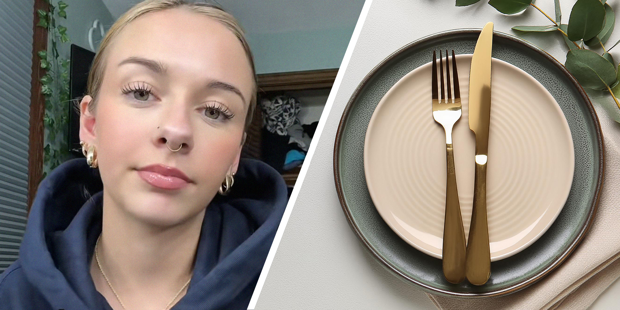 woman sharing information about working at a restaurant(l) Gold Fork and knife on top of plates(r)