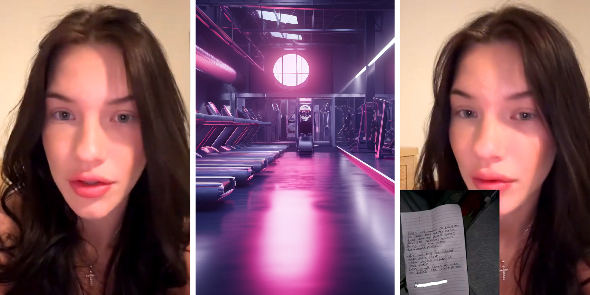 3 panel image: on the sides a person explains and in the middle is an empty gym scene.